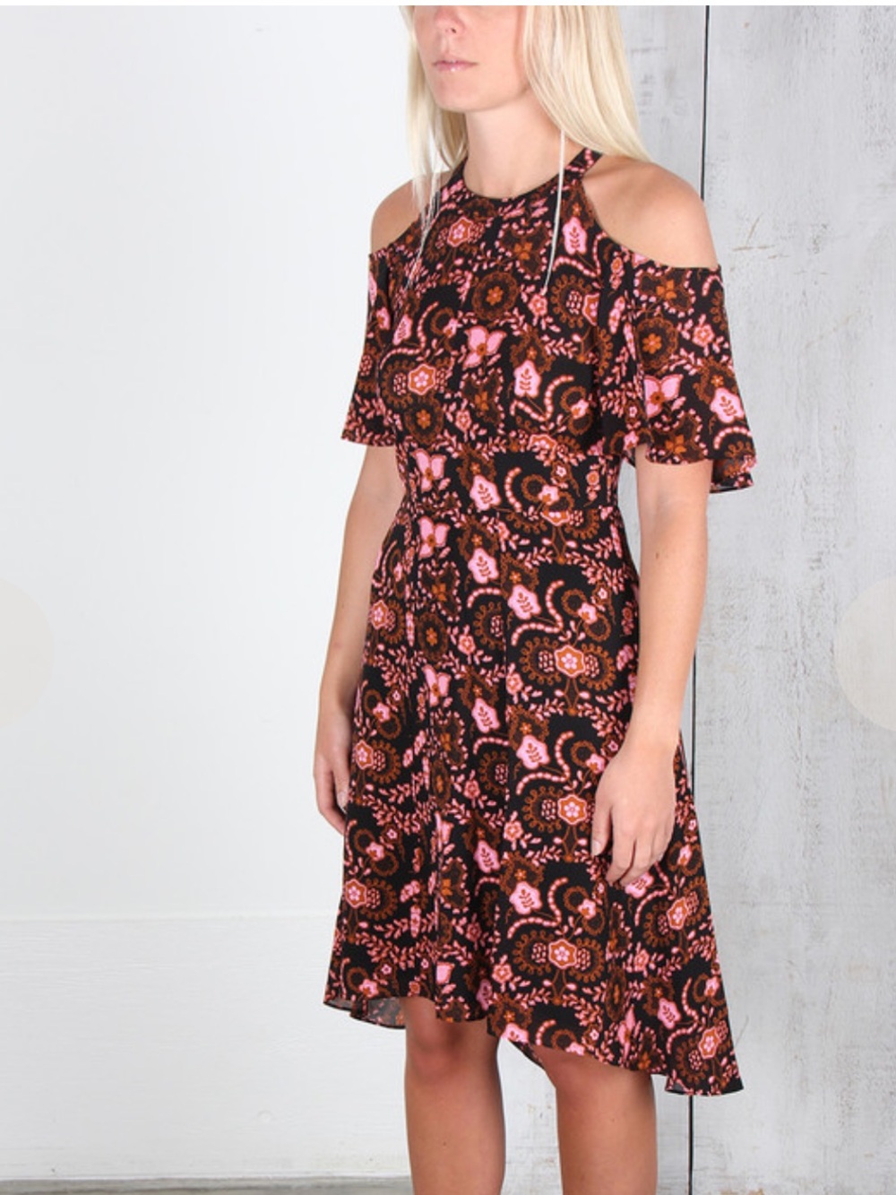 A.L.C. Cold-Shoulder Floral Mini Dress in Black and Pink